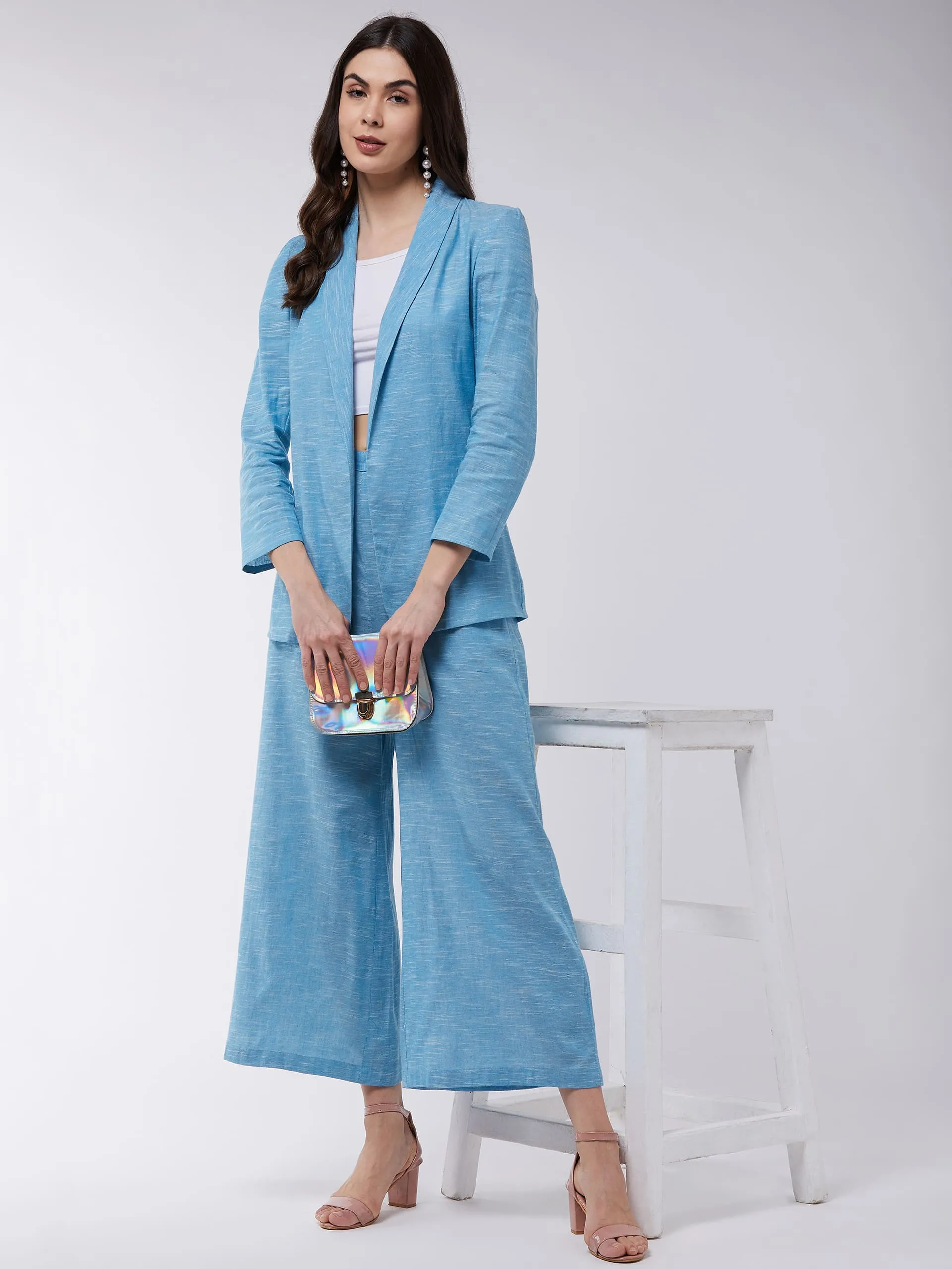 Chambray Long Blazer And Pant Set