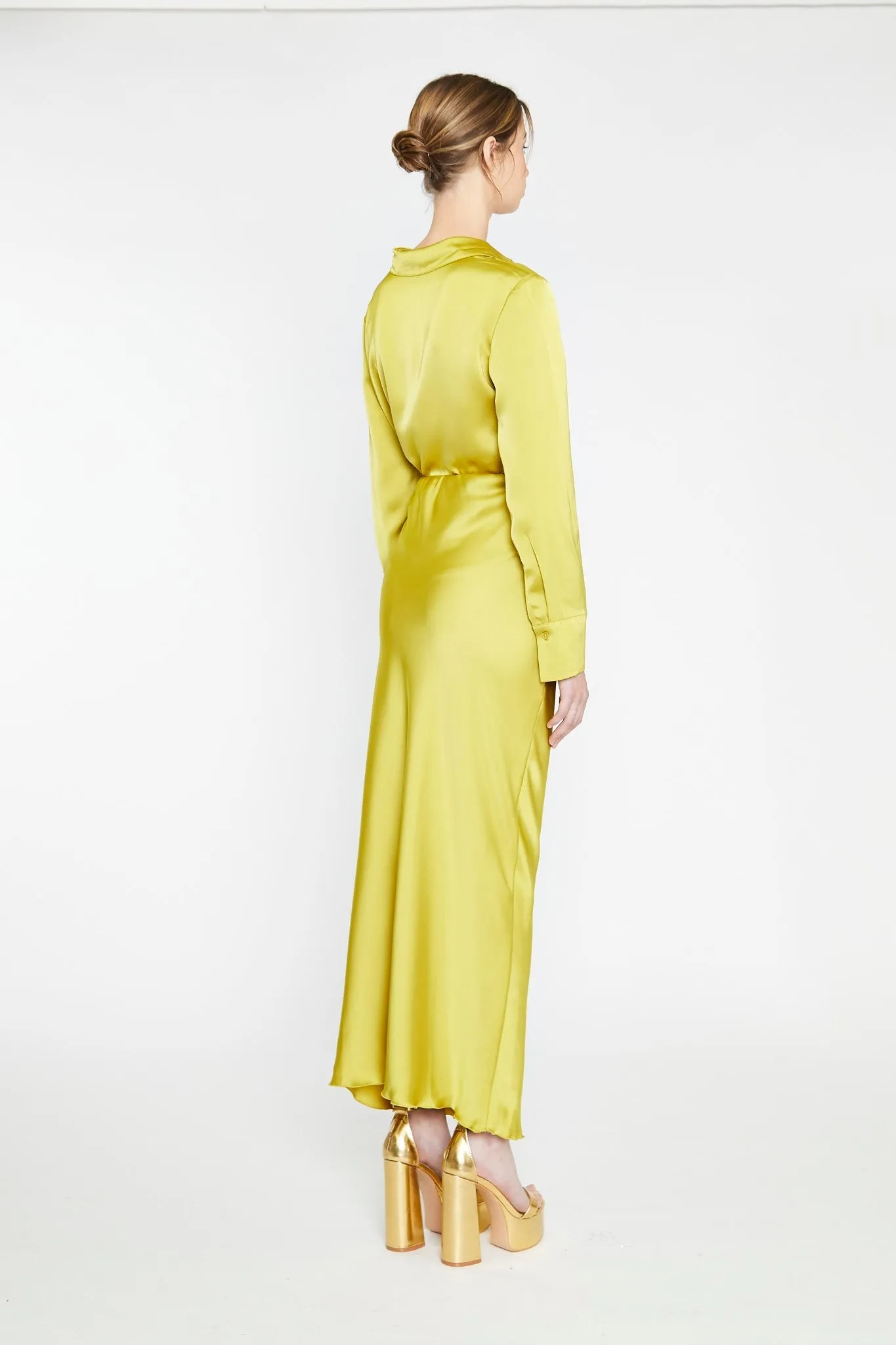 Chartreuse Satin Bias-Cut Midi-Skirt