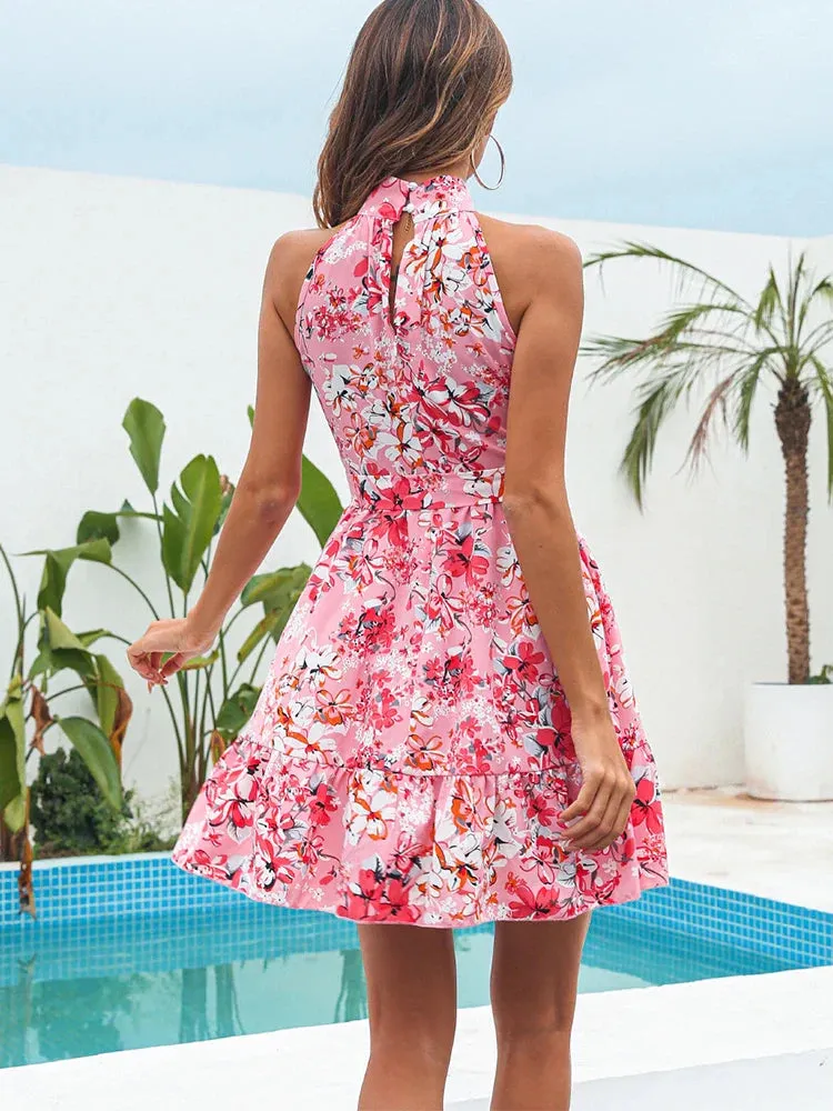 Chiffon Floral Print Ruffle Bandage Holiday Beach Casual Pink Halter A-line Short Women's Boho Dress