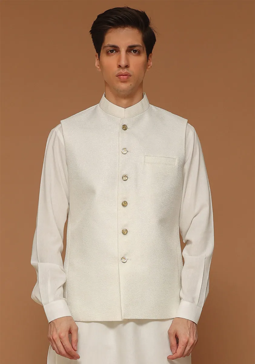 Classic Kambal Jamawar Brilliant White Traditional Waistcoat