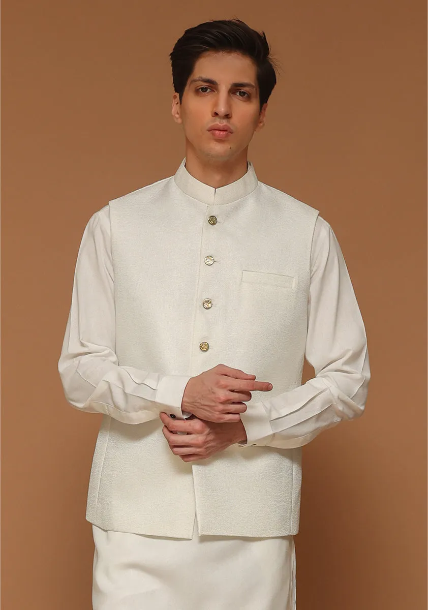 Classic Kambal Jamawar Brilliant White Traditional Waistcoat