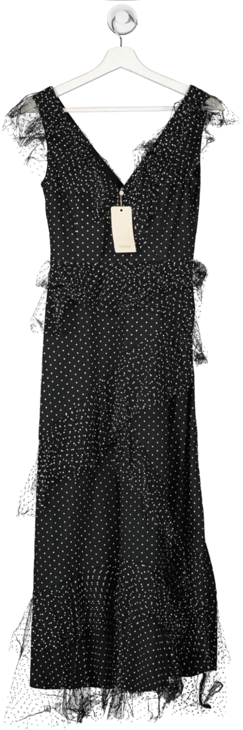 Coast Black Spot Mesh Frill Sleeve Tiered Midi Dress UK 8