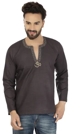 Cotton Dress Mens Short Kurta OM Shirt Indian Fashion Clothing(Carbon Black)