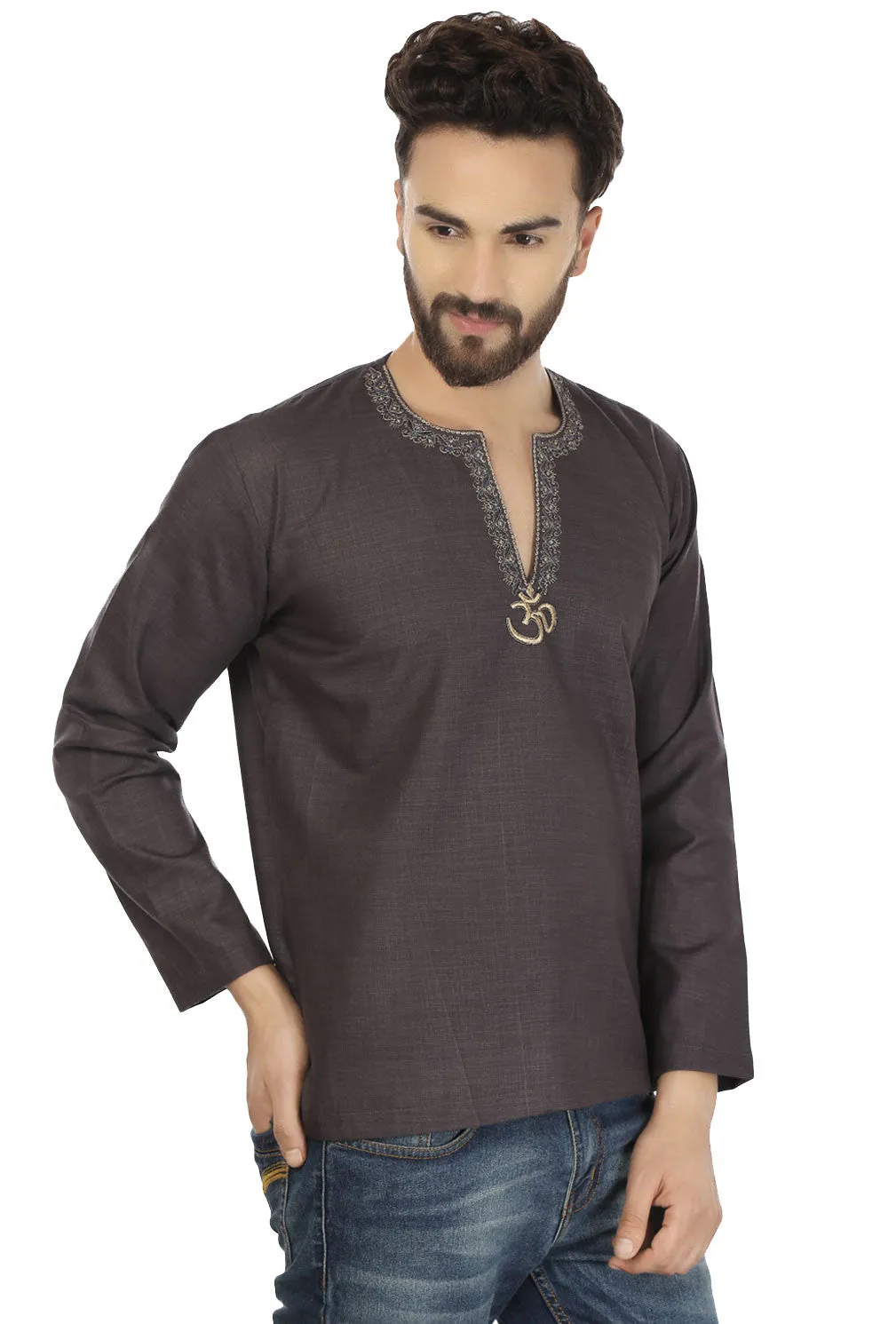 Cotton Dress Mens Short Kurta OM Shirt Indian Fashion Clothing(Carbon Black)