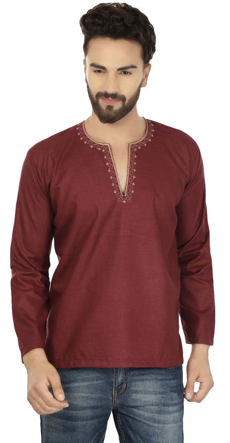 Cotton Dress Mens Short Kurta Shirt India Clothing (Maroon)