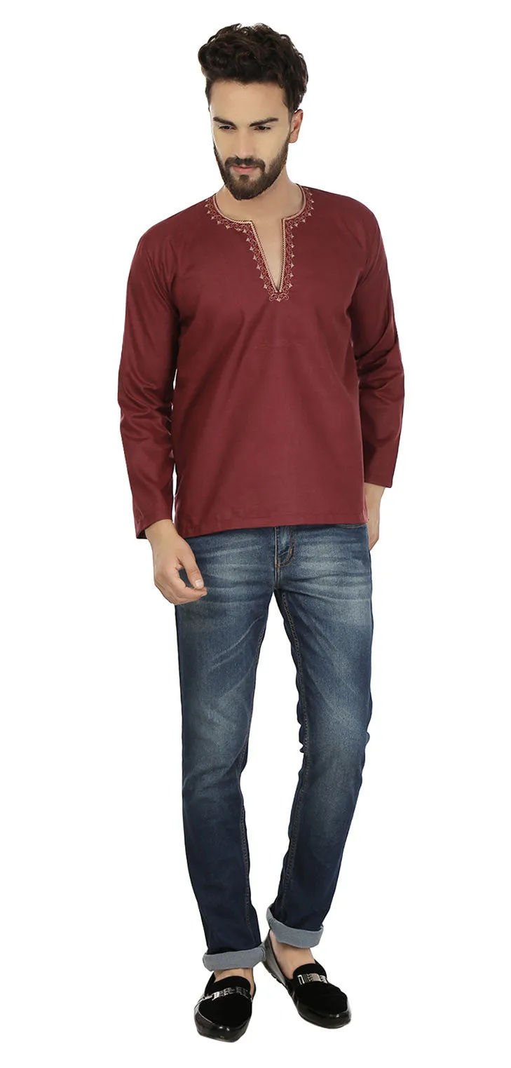 Cotton Dress Mens Short Kurta Shirt India Clothing (Maroon)