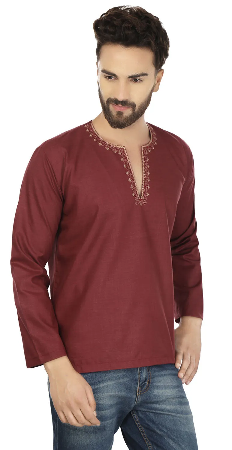 Cotton Dress Mens Short Kurta Shirt India Clothing (Maroon)