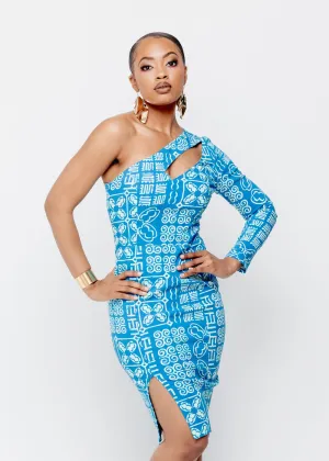 Deja Women's African Print Stretch One Shoulder Dress with Cut-Out (Cool Blue Adire) - Clearance