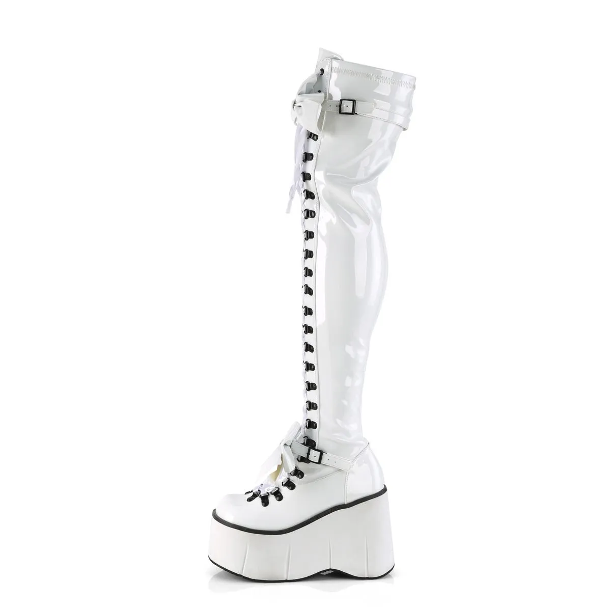 Demonia KERA-303 | White Stretch Patent Leather Above Knee Boots