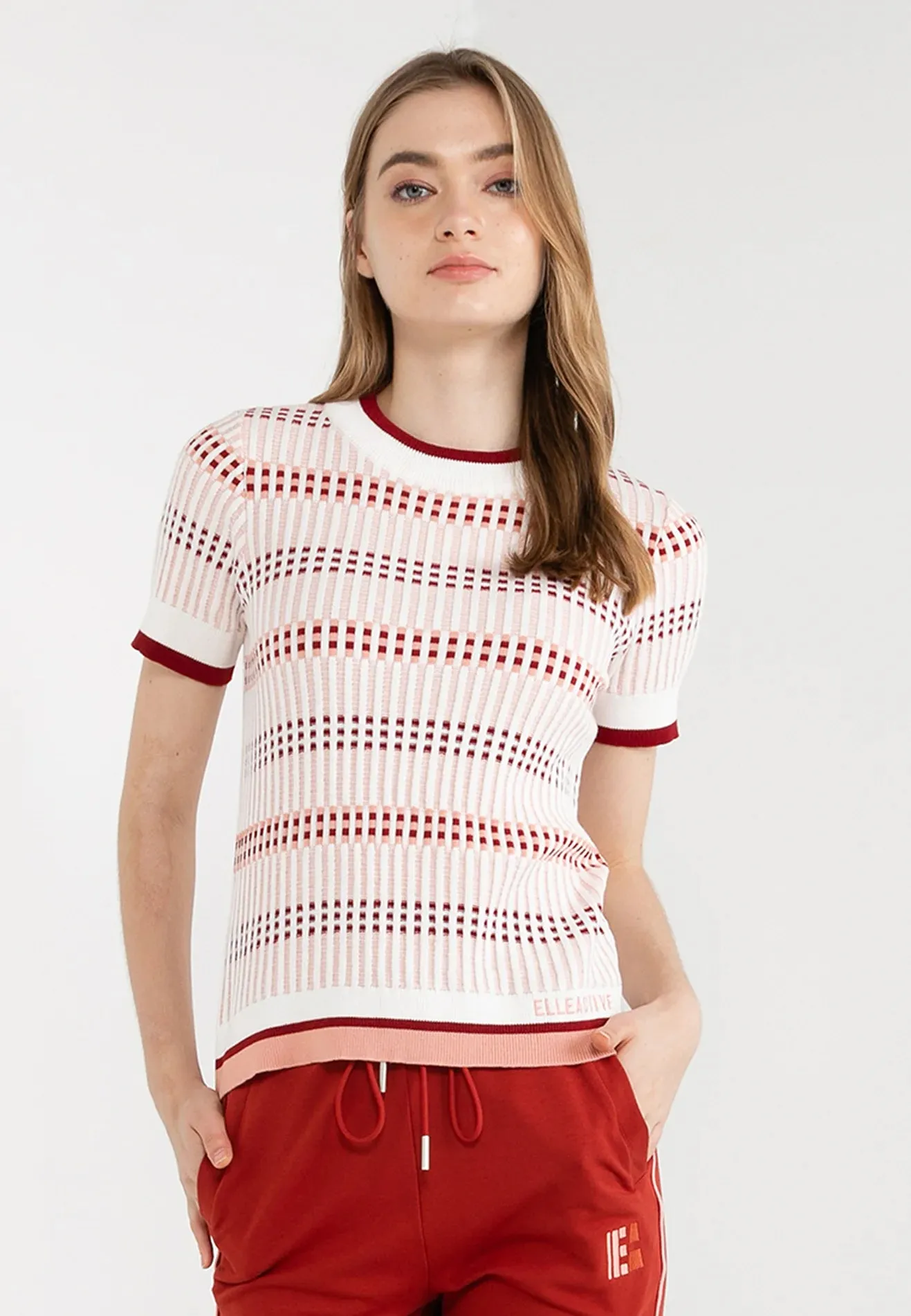 ELLE Active Round Neck Checkered Knitted Top