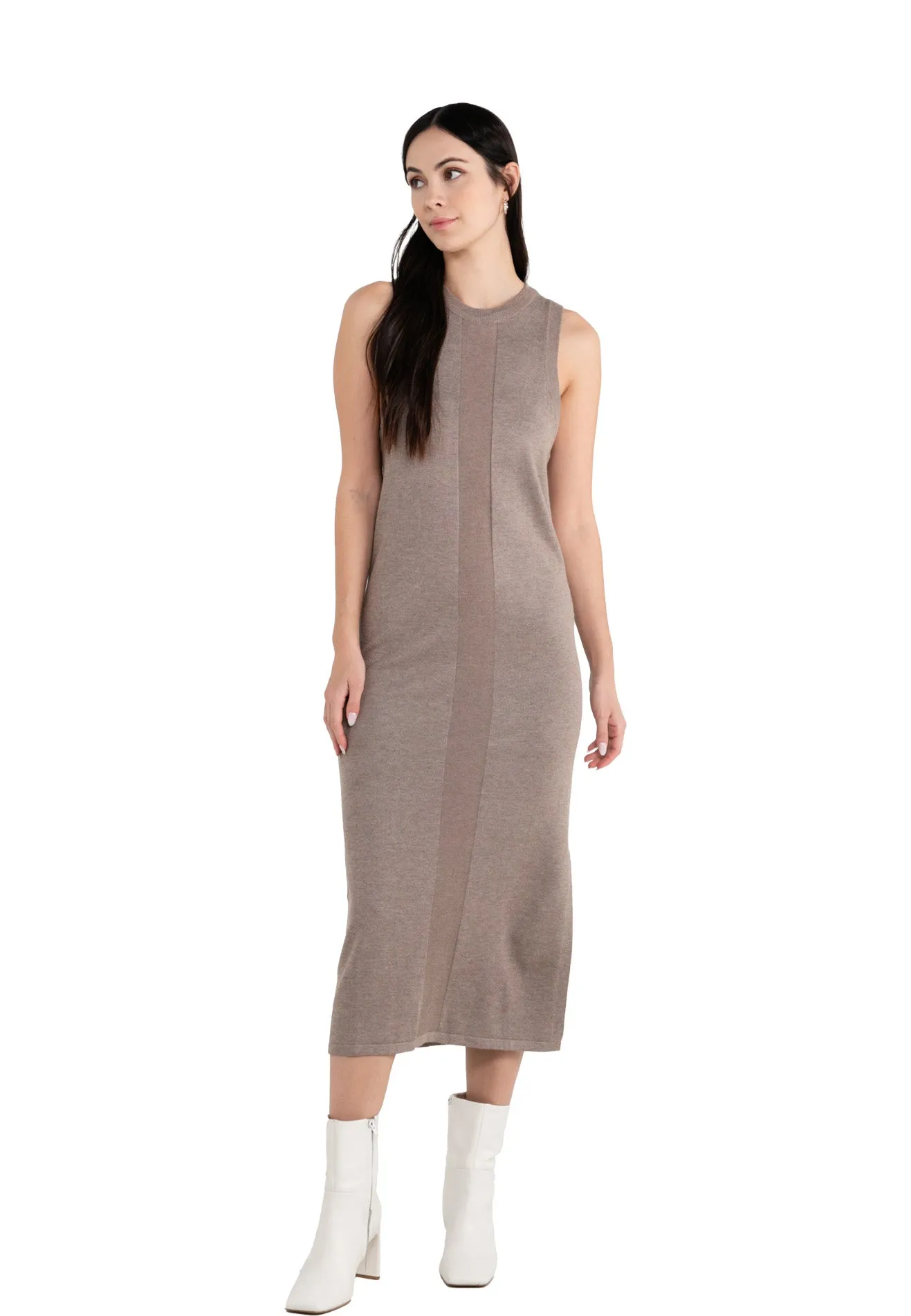 ELLE Apparel Knitted Round Neck Dress with Side Slit