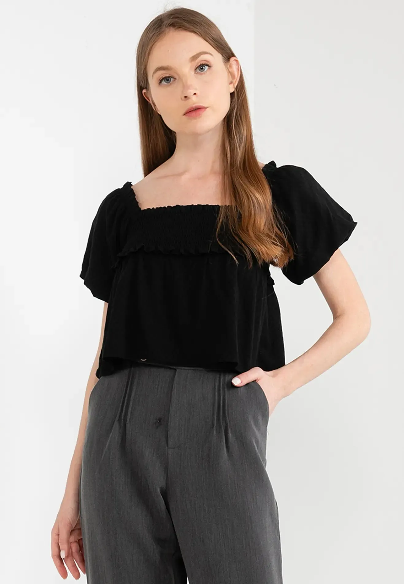 ELLE Apparel Puff Sleeves Smocked Crop Top