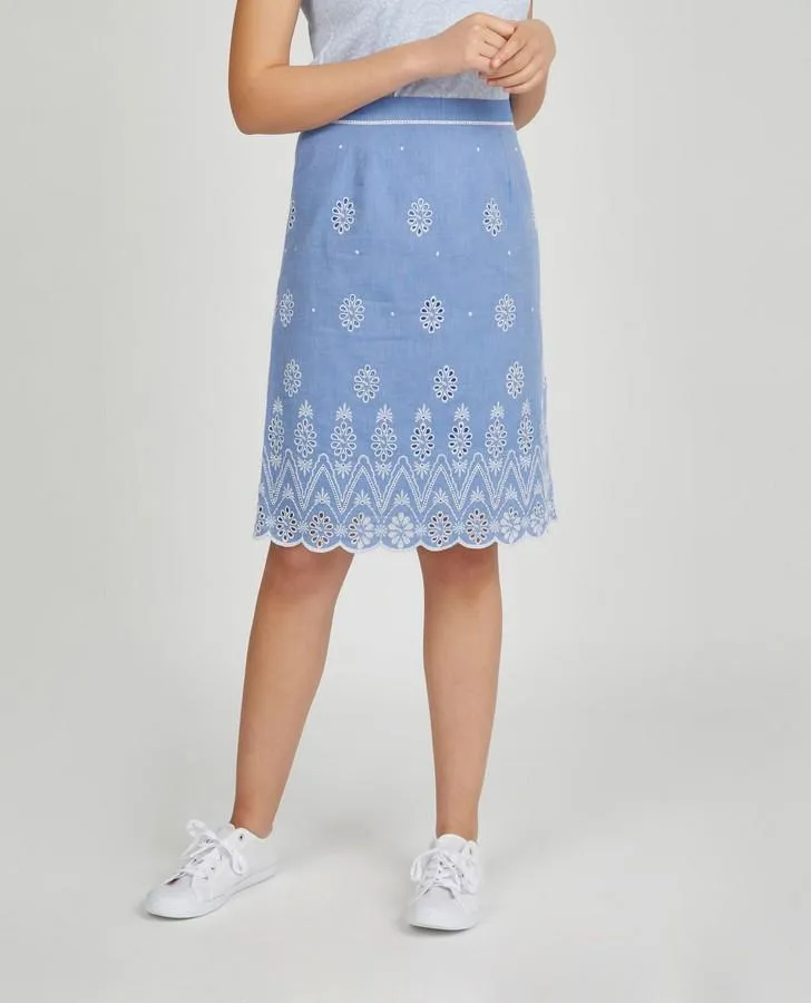 Embroidery and Cutwork Linen A-Line Skirt