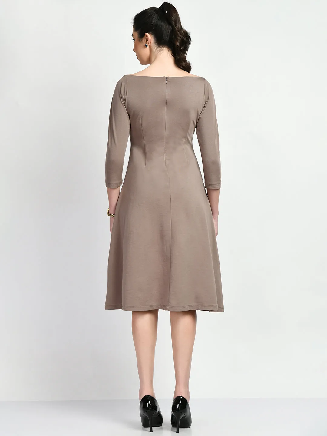 Exude Dignity Boat Neck A-line Dress (Camel Beige)