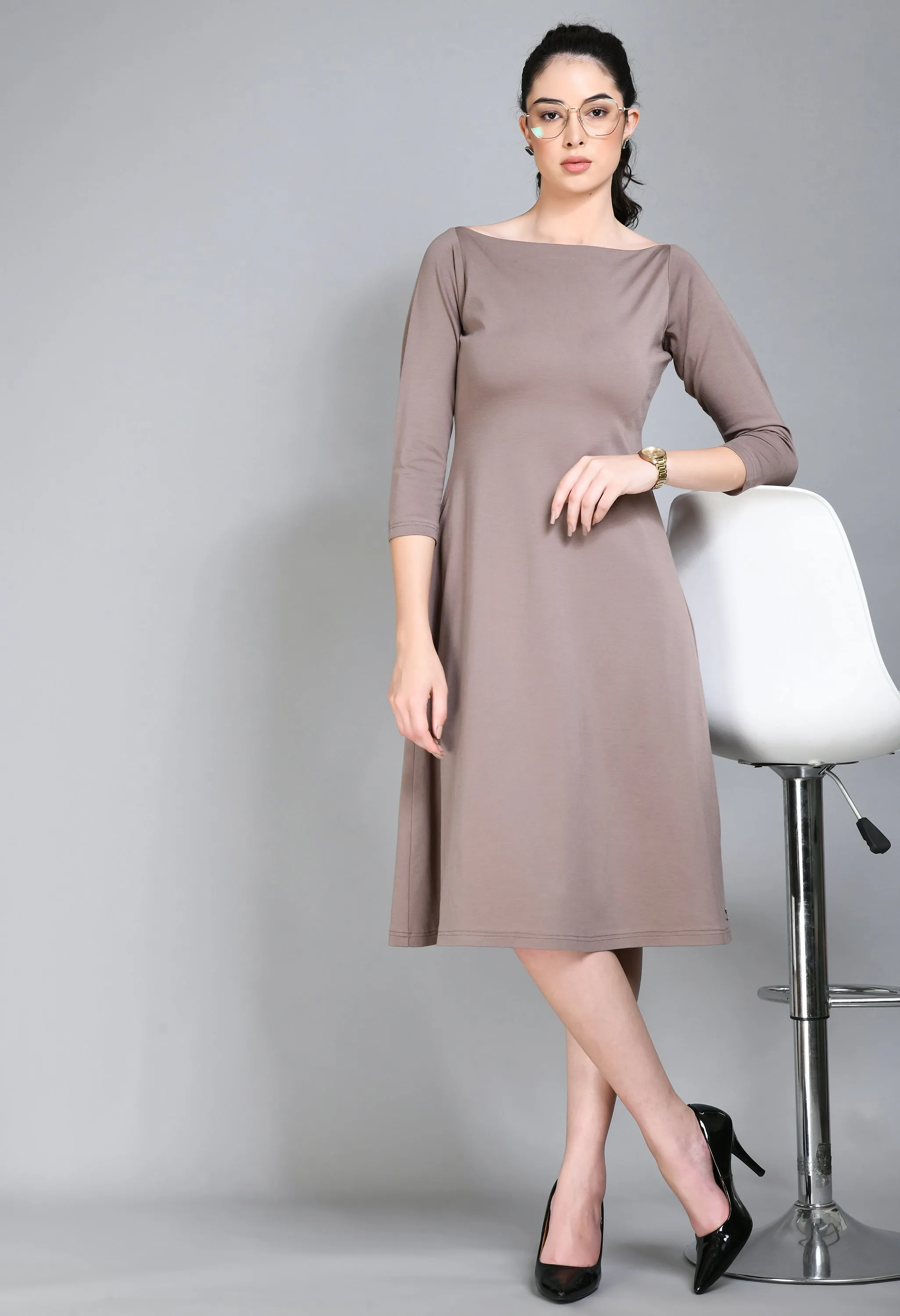 Exude Dignity Boat Neck A-line Dress (Camel Beige)