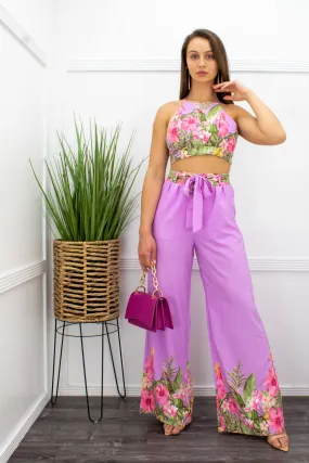 Floral Tie Back Crop Top Pant Set