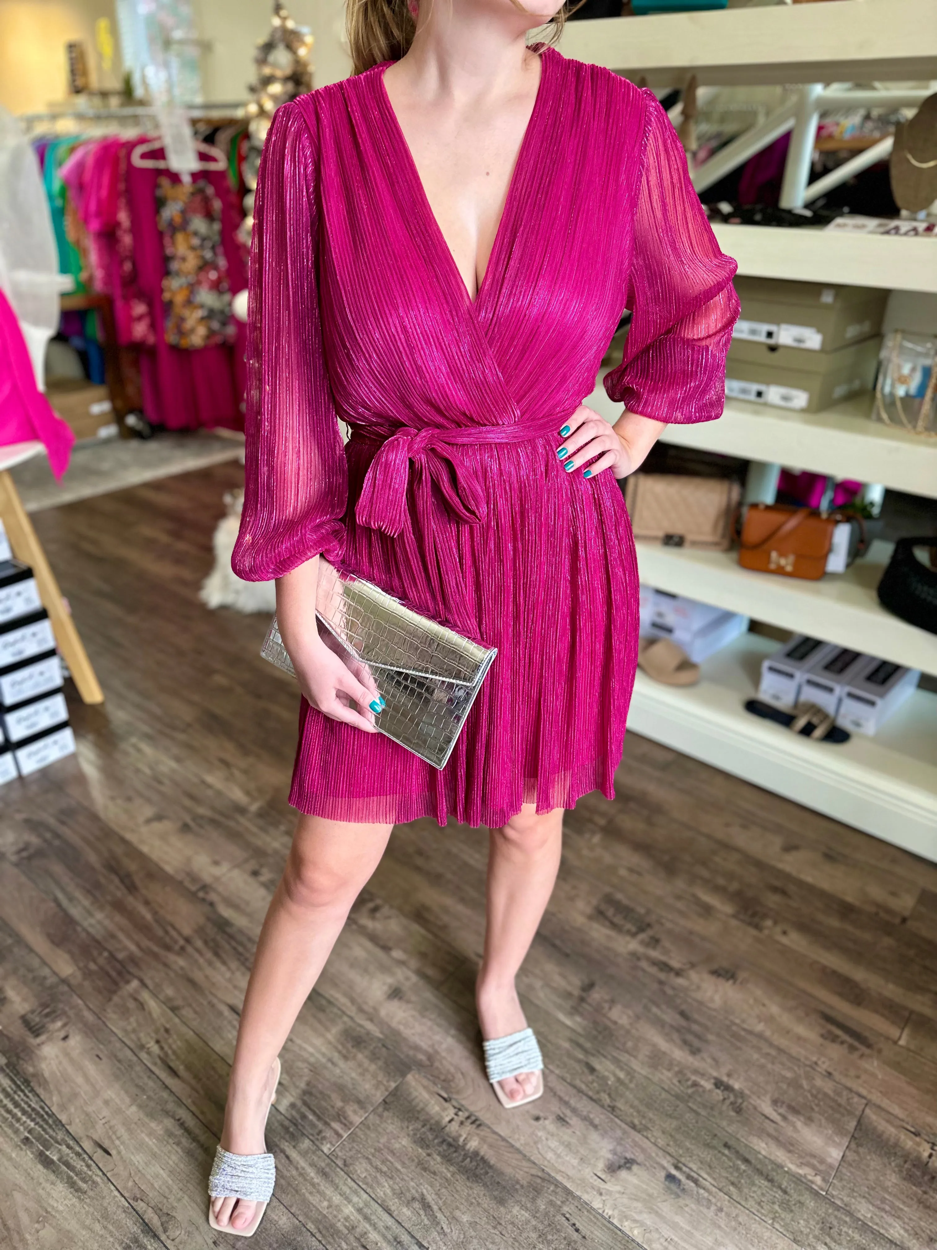 Fuchsia Pleated Shimmer Dress