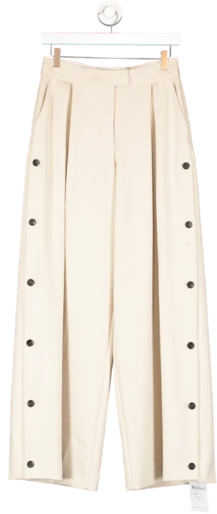 Karen Millen Beige Viscose Linen Tailored Pleated Button Detail Straight Leg Trousers UK 8