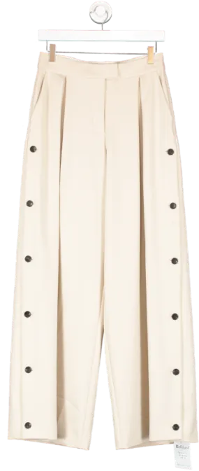 Karen Millen Beige Viscose Linen Tailored Pleated Button Detail Straight Leg Trousers UK 8