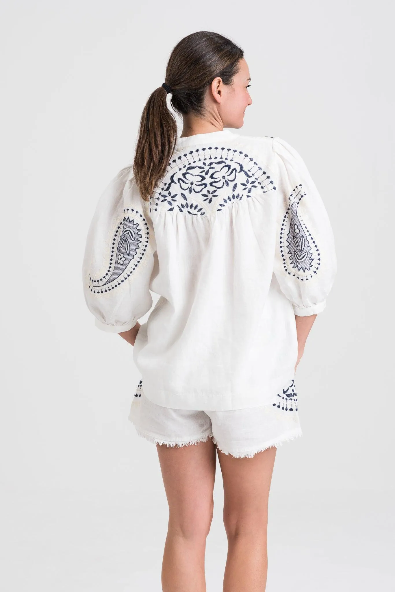 Navy & White Embroidered Linen Blouse by Kori - Stylish & Elegant Womens Top