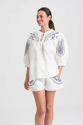 Navy & White Embroidered Linen Blouse by Kori - Stylish & Elegant Womens Top