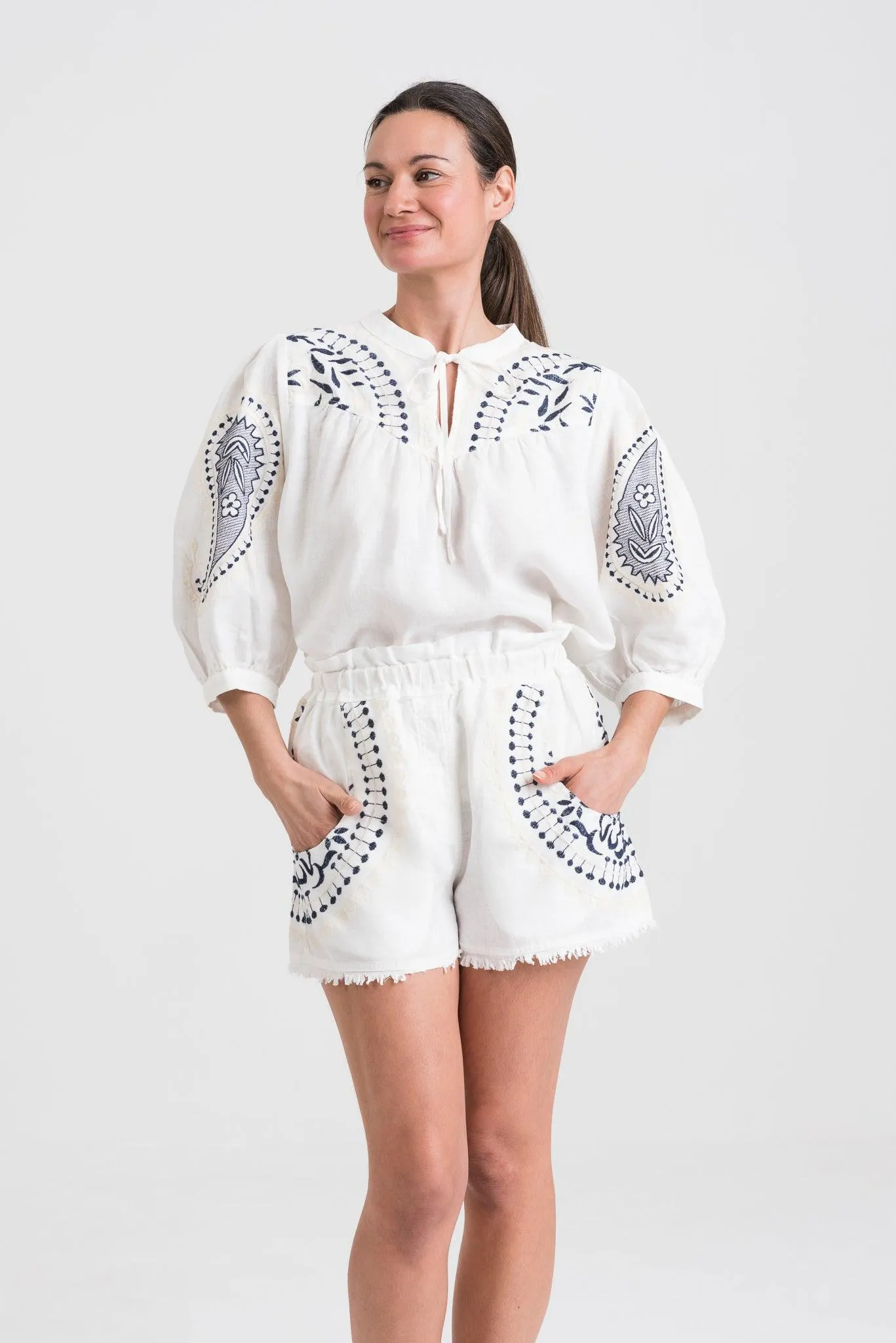 Navy & White Embroidered Linen Blouse by Kori - Stylish & Elegant Womens Top