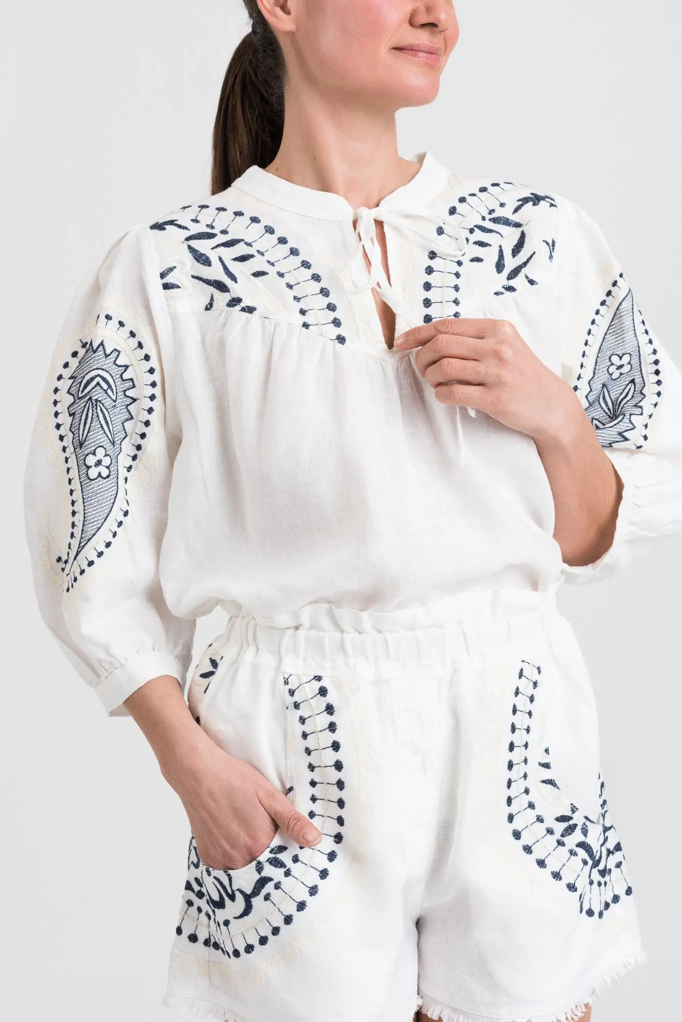 Navy & White Embroidered Linen Blouse by Kori - Stylish & Elegant Womens Top