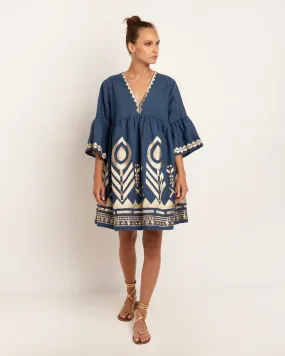 Kori Empire Linen Dress, Indigo & Gold