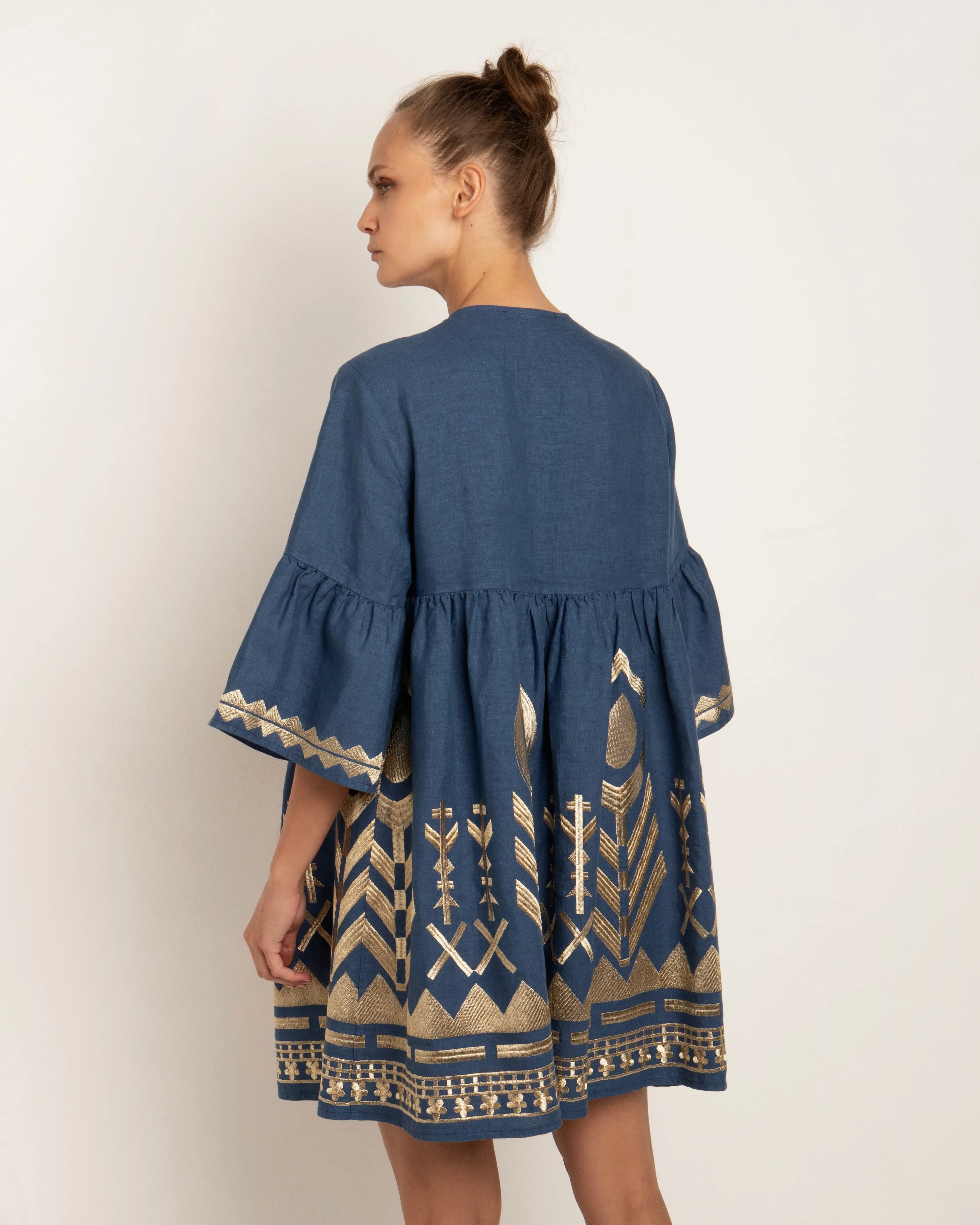 Kori Empire Linen Dress, Indigo & Gold