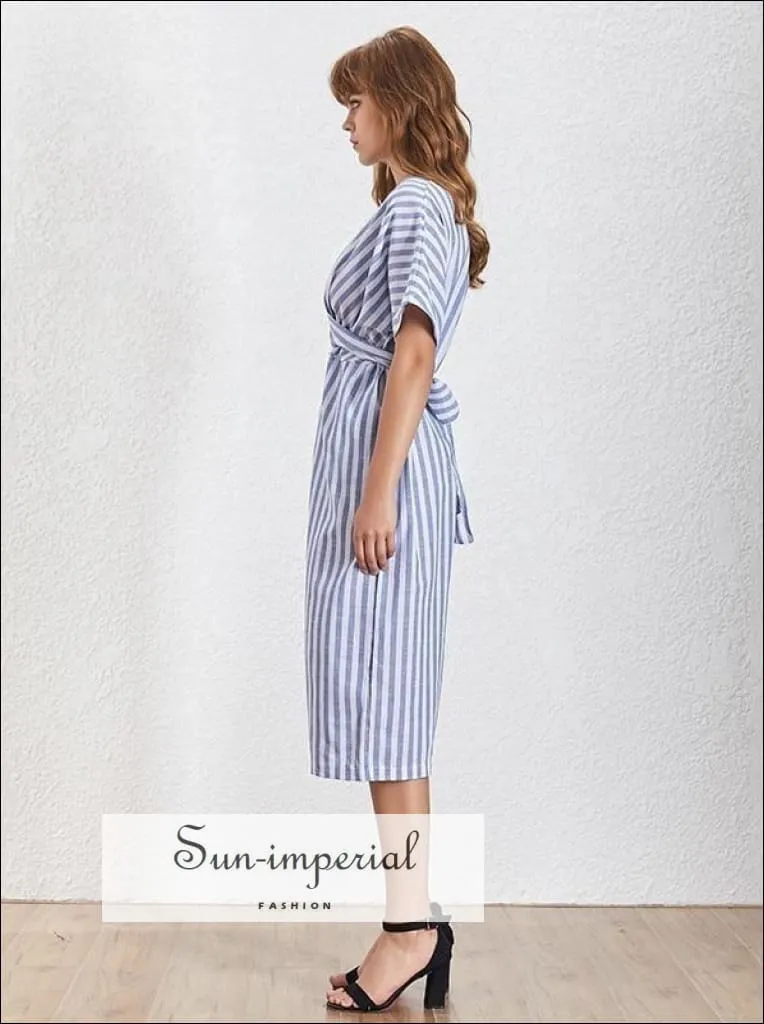 Liberty Dress- Striped Women O Neck Short Sleeve Split Midi Dress