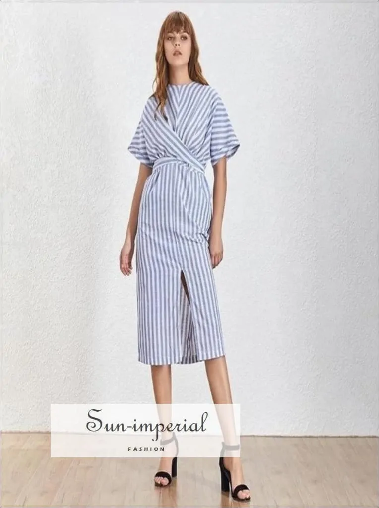 Liberty Dress- Striped Women O Neck Short Sleeve Split Midi Dress