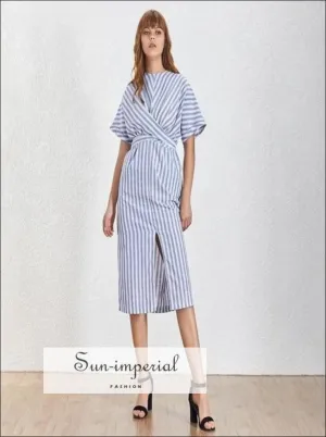 Liberty Dress- Striped Women O Neck Short Sleeve Split Midi Dress