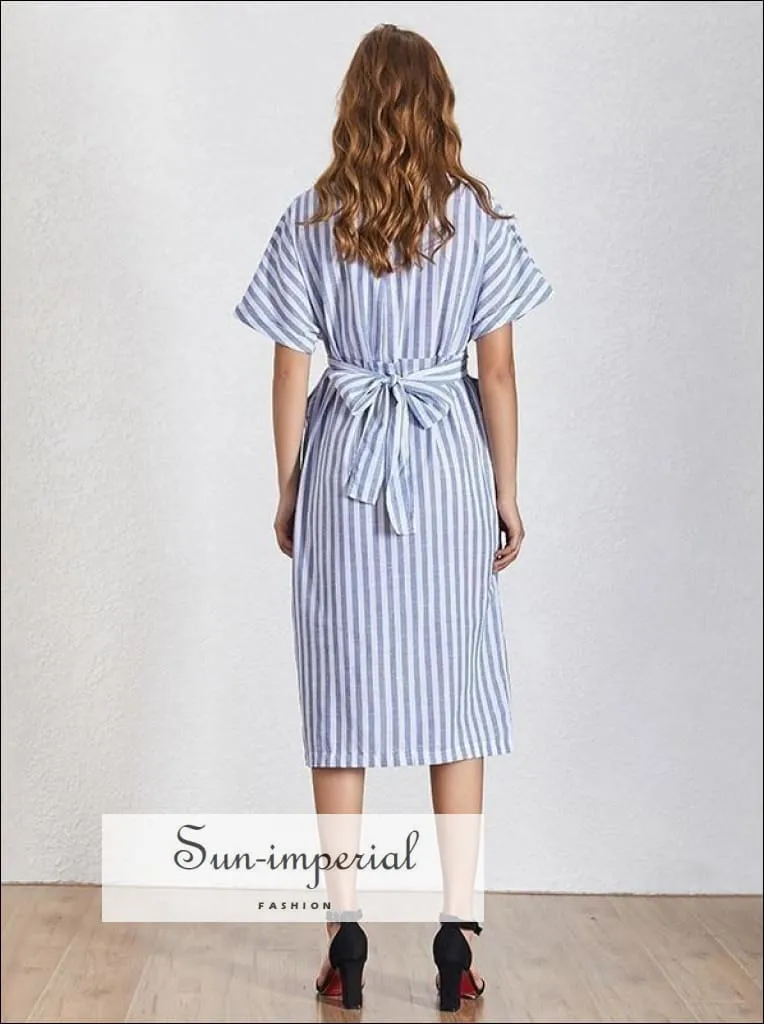 Liberty Dress- Striped Women O Neck Short Sleeve Split Midi Dress