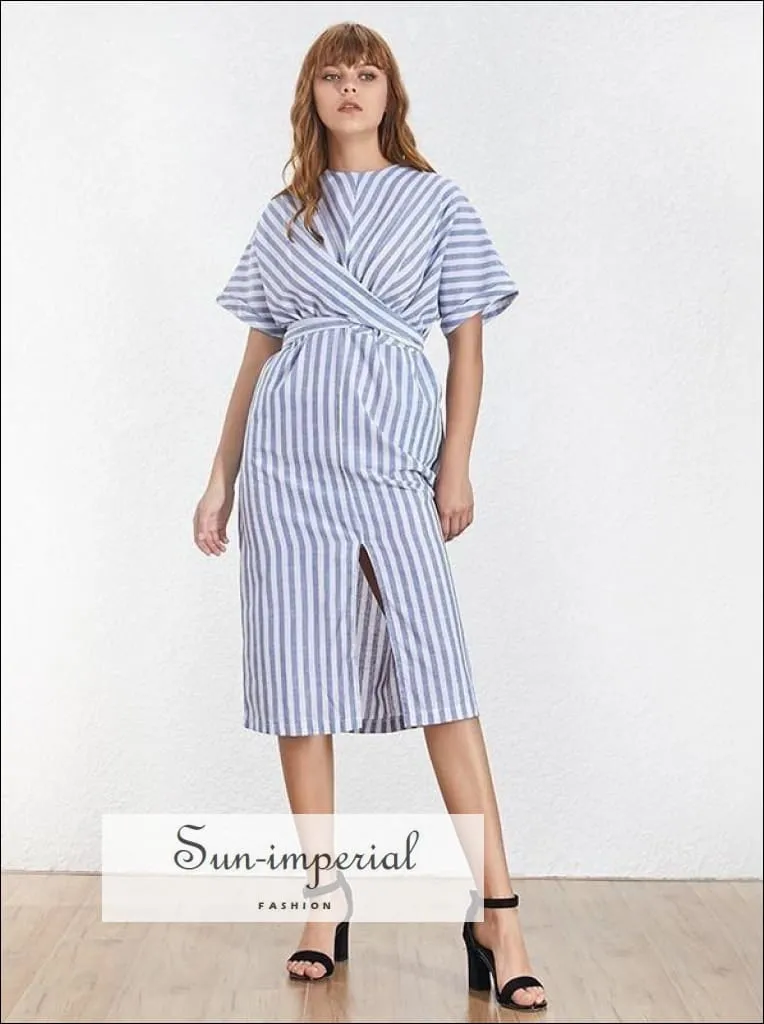 Liberty Dress- Striped Women O Neck Short Sleeve Split Midi Dress