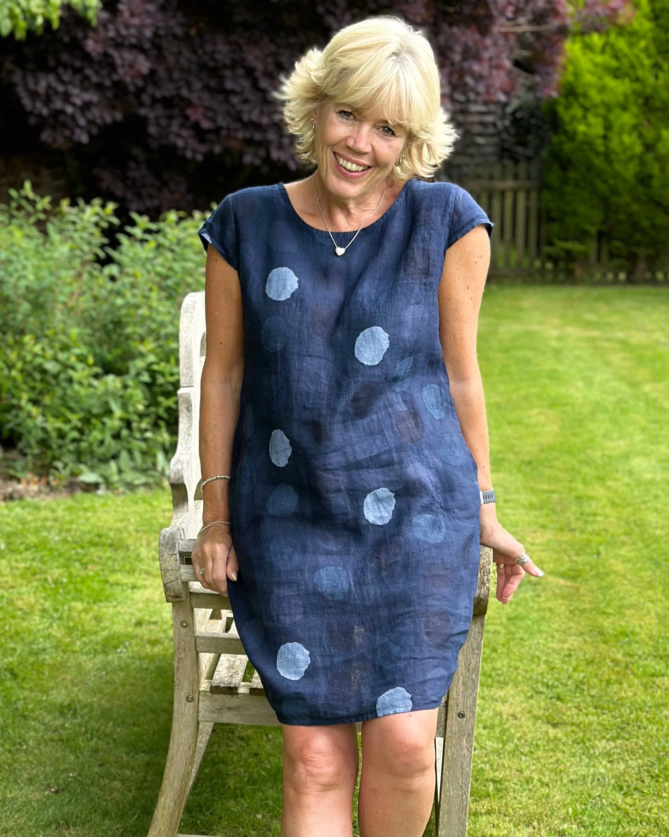 Linen Dress - Navy With Dots