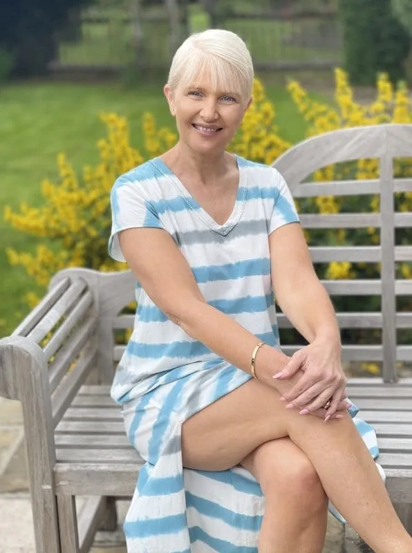 Long Striped Tie-Dye T-Shirt Dress - Cream/Charcoal Grey/Teal