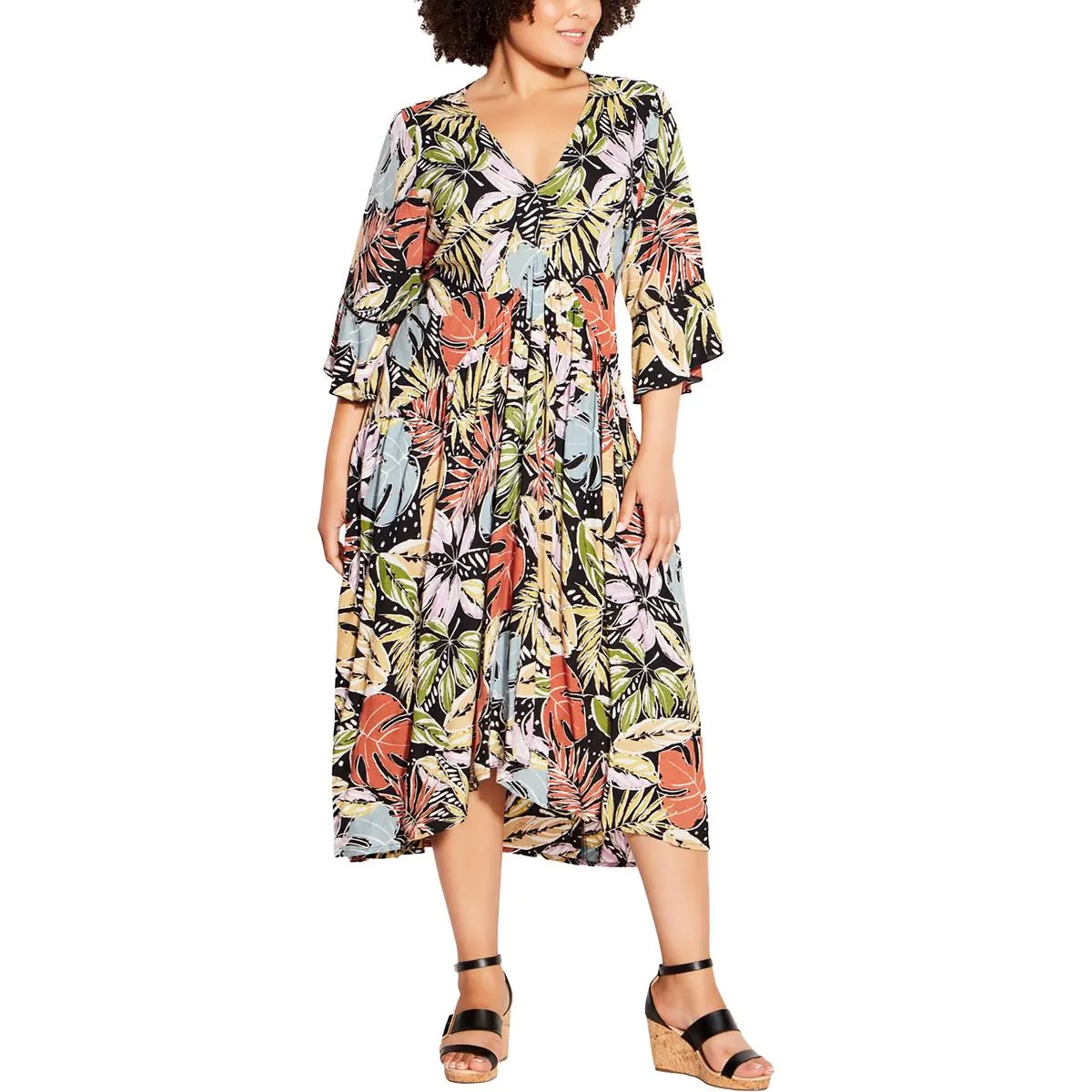 Loralette Womens Plus Valencia Daytime Floral Print Midi Dress