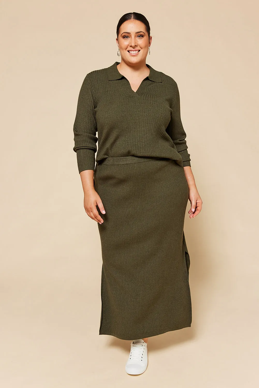 Midi Knitted Skirt in Khaki