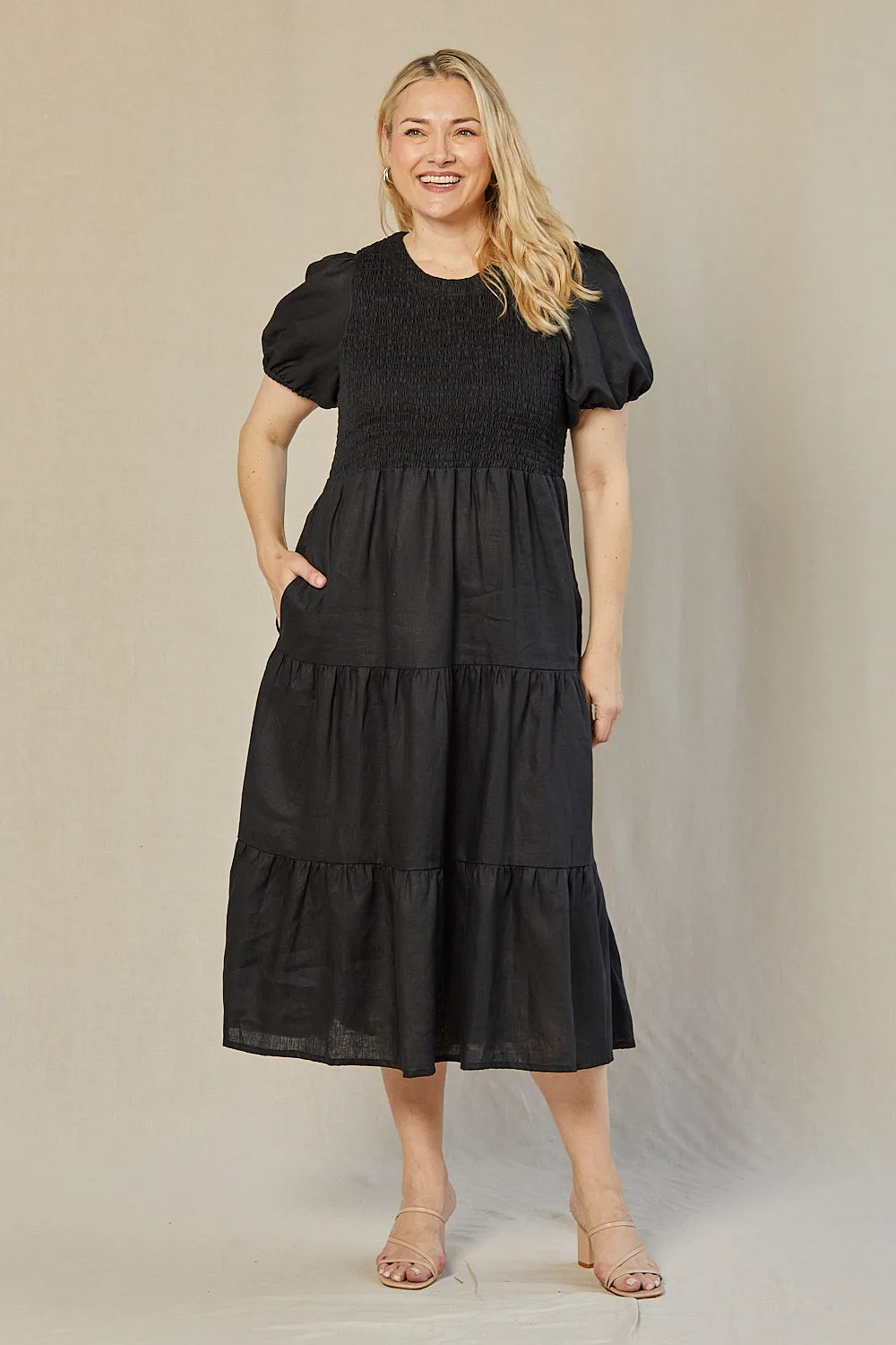 Minden Linen Shirred Short Sleeve Dress in Black