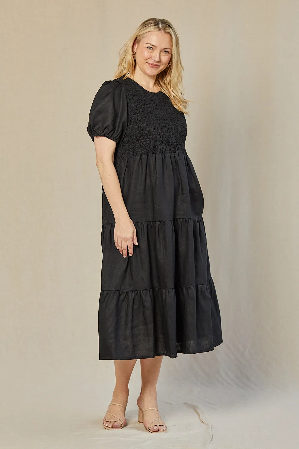 Minden Linen Shirred Short Sleeve Dress in Black