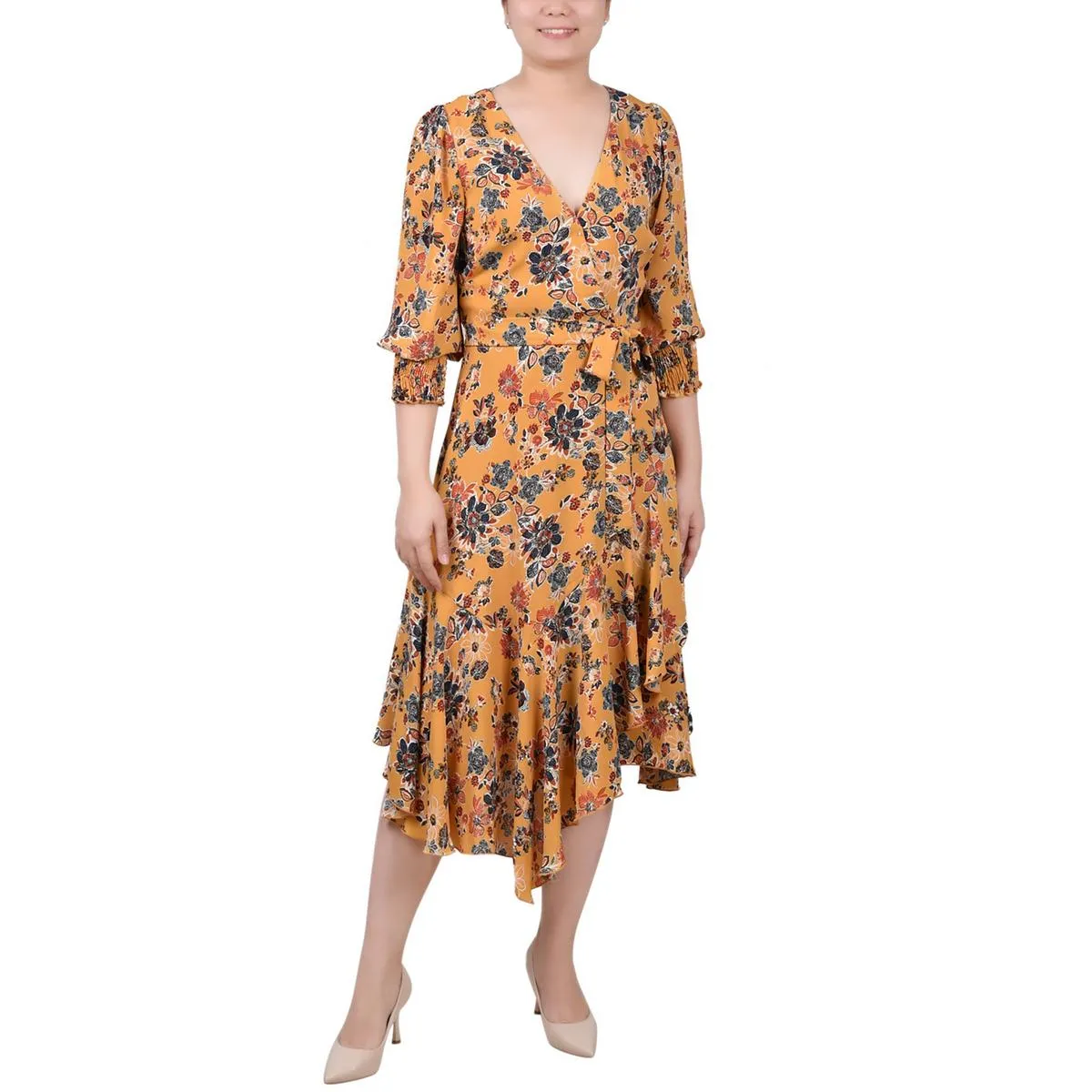 NY Collection Womens Petites Chiffon Floral Midi Dress