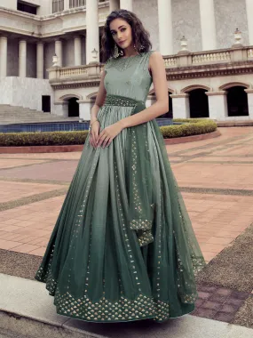 Odette Women Green Shaded Semi Stitched Gown With Dupatta