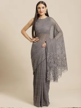 Odette Women Grey Party Wear Net(Super Net) Solid Saree With Unstitched Blouse