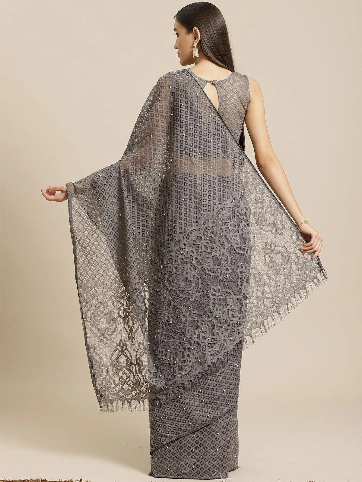 Odette Women Grey Party Wear Net(Super Net) Solid Saree With Unstitched Blouse