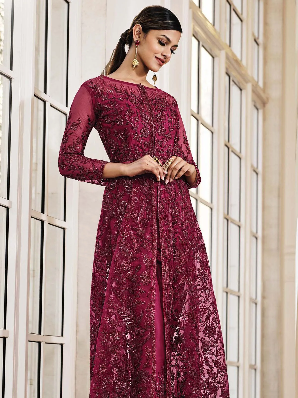 Odette Women Maroon Festive Women Semi Stitched Slawar Suit Sets