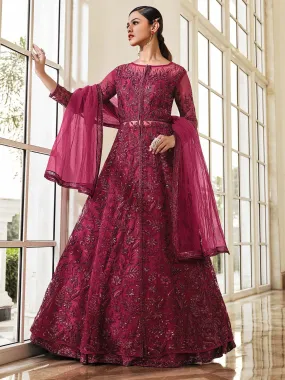 Odette Women Maroon Festive Women Semi Stitched Slawar Suit Sets