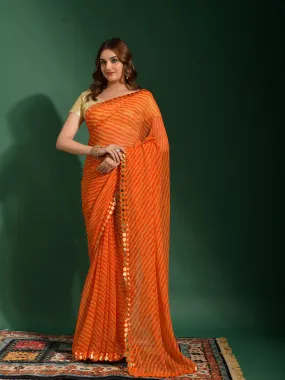 Odette Women Orange Chiffon Designer Saree With Unstitched Blouse