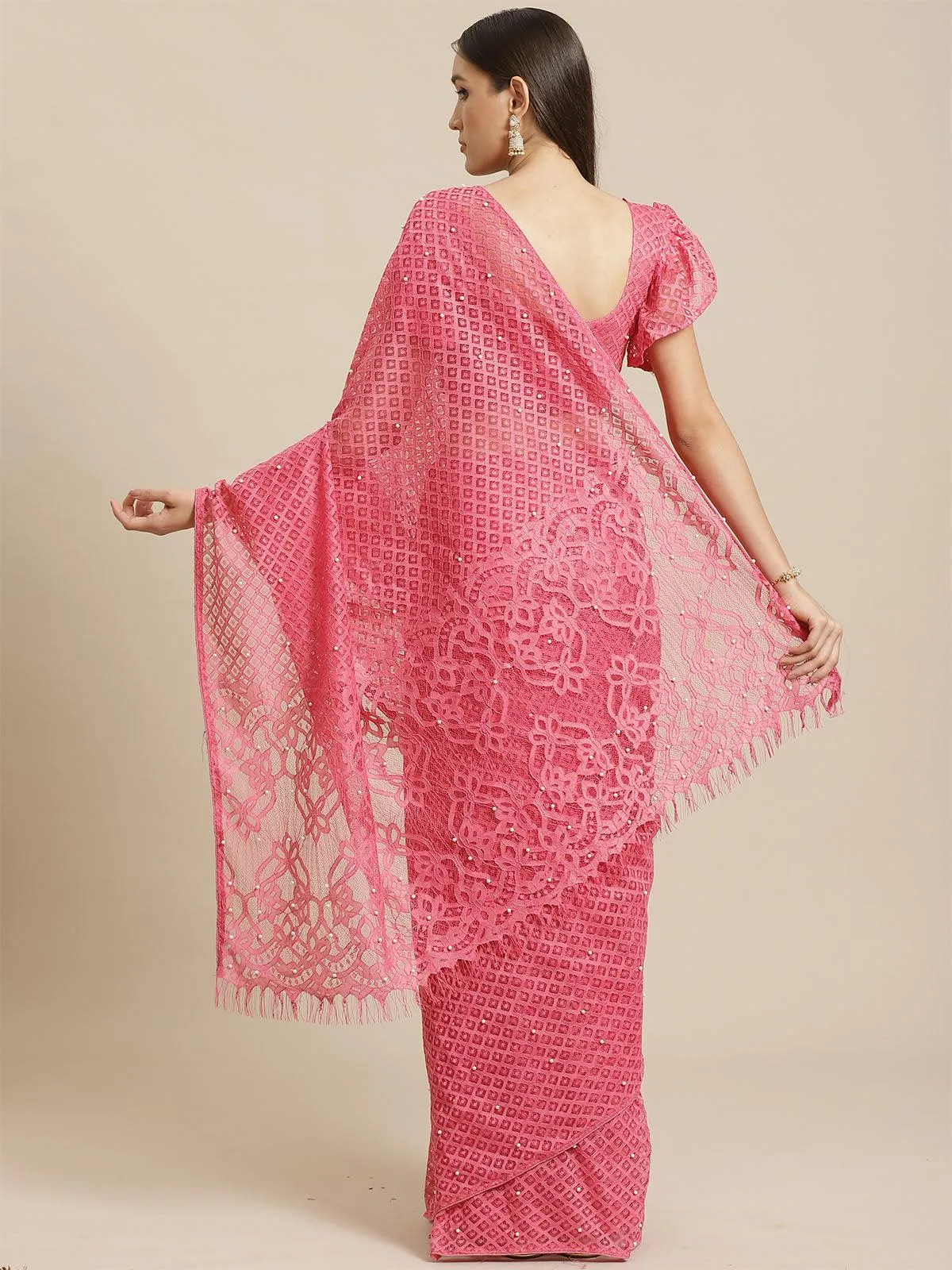 Odette Women Pink Party Wear Net(Super Net) Solid Saree With Unstitched Blouse