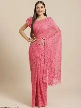 Odette Women Pink Party Wear Net(Super Net) Solid Saree With Unstitched Blouse