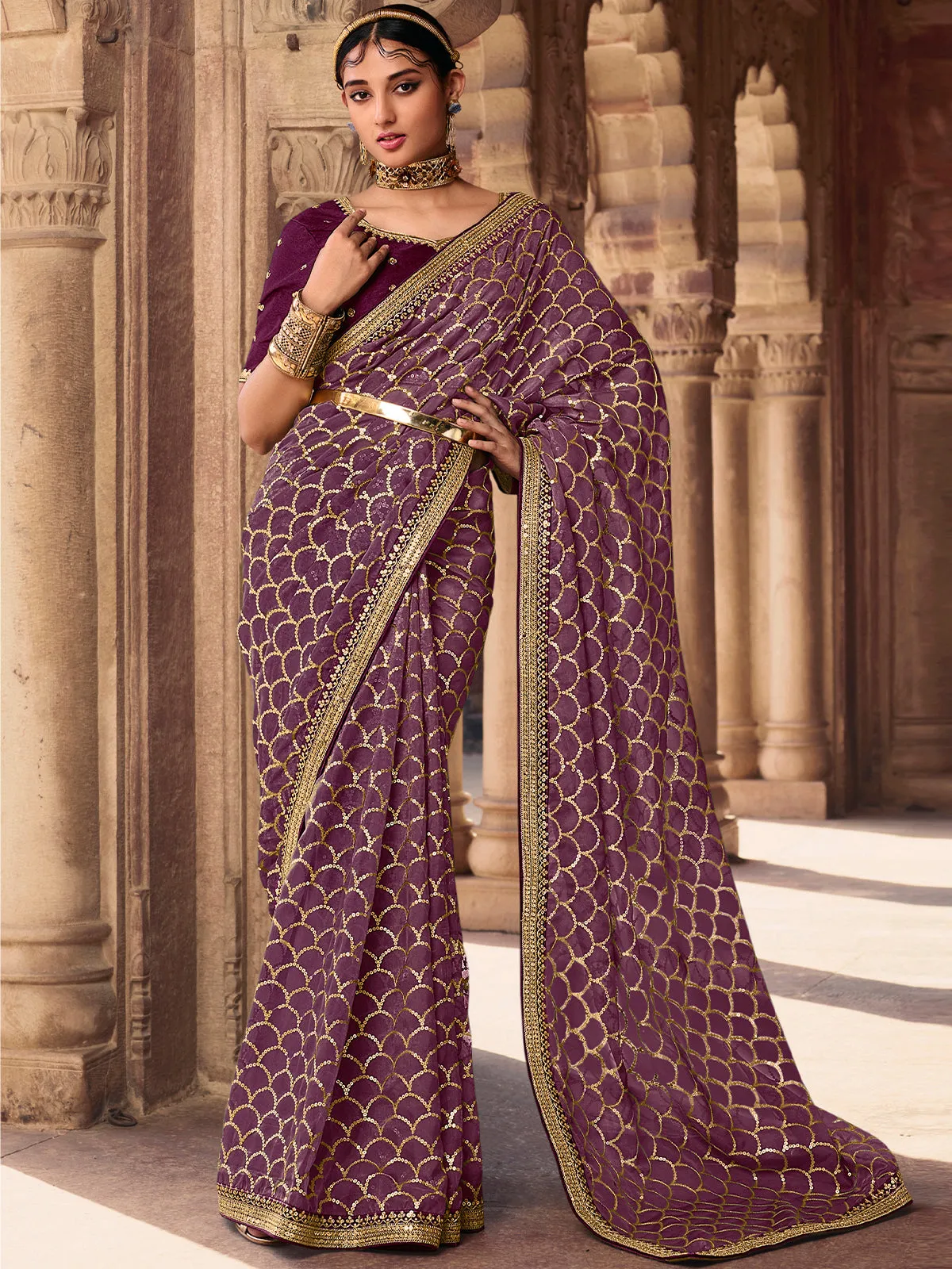 Odette Women Purple Organza Sequins Embroidered Saree With Unstitched Blouse